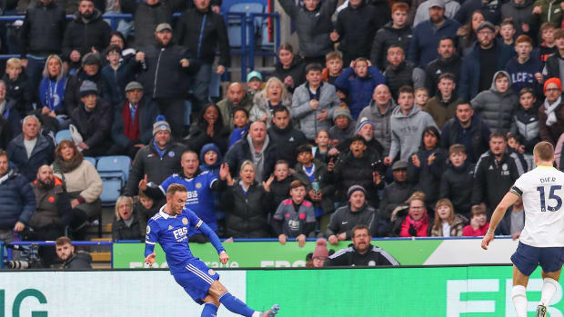 James Maddison pictured shooting to score for Leicester City against Tottenham Hotspur in February 2023